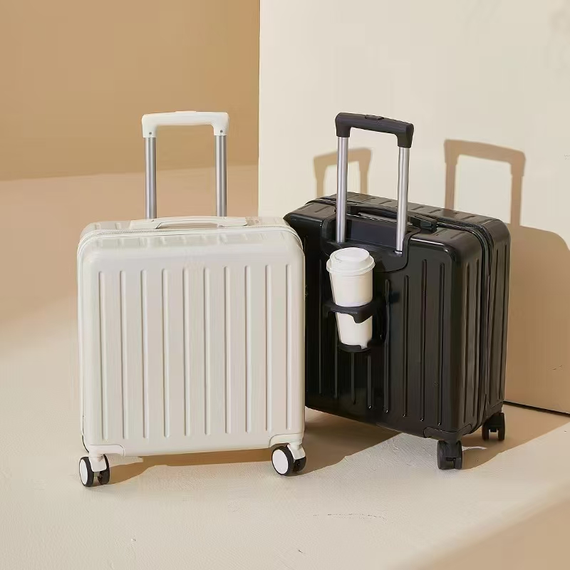 Wholesale ABS+PC zipper boarding suitcase with cup holder