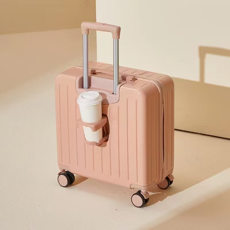 Wholesale ABS+PC zipper boarding suitcase with cup holder