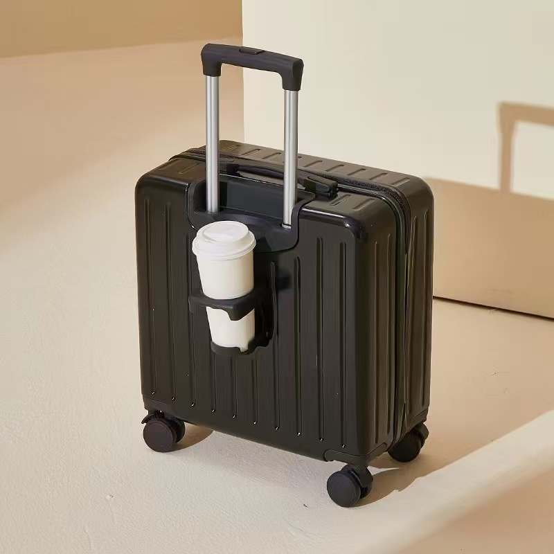 Wholesale ABS+PC zipper boarding suitcase with cup holder