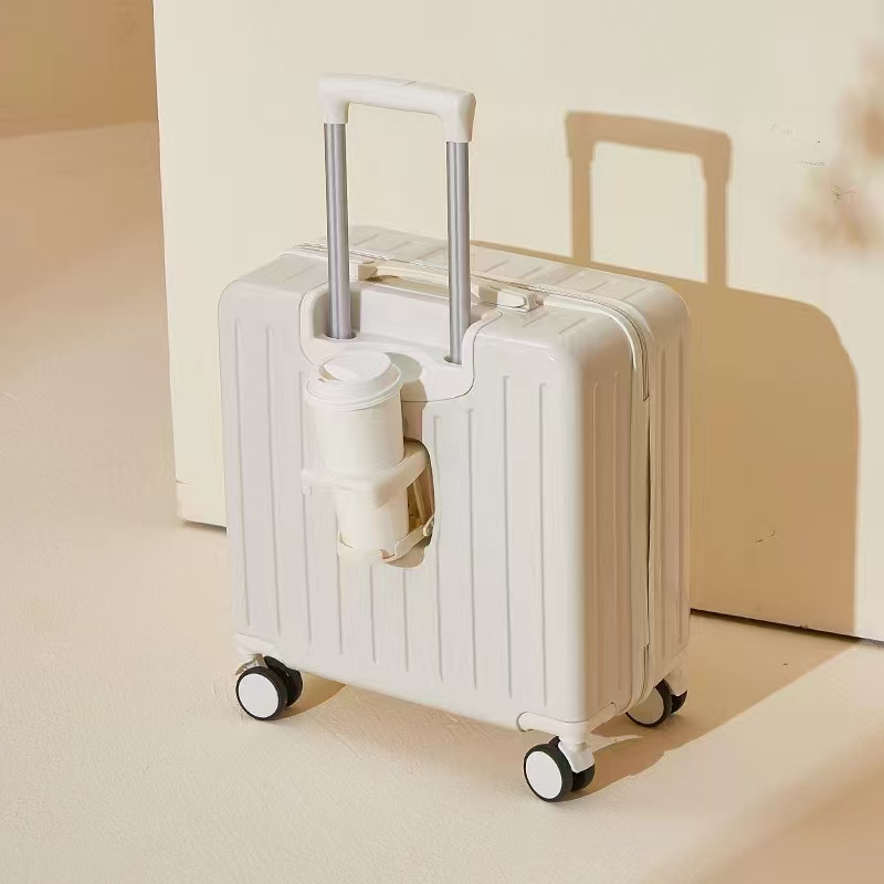 Wholesale ABS+PC zipper boarding suitcase with cup holder