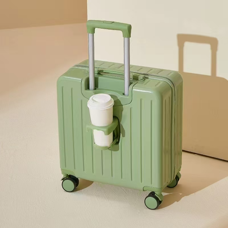 Wholesale ABS+PC zipper boarding suitcase with cup holder