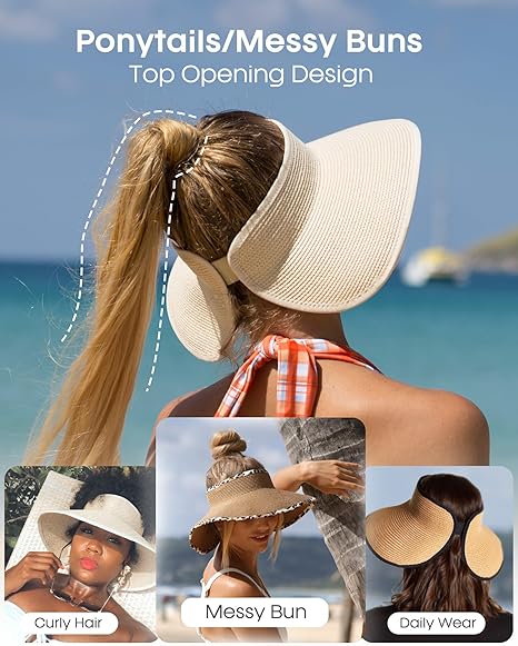JC TRAVEL-Wholesale Sun Visor Hats for Women Wide Brim Straw Ponytail Summer Beach Hats