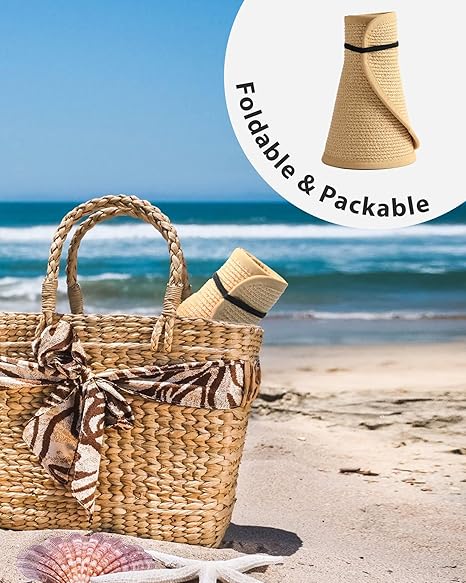 JC TRAVEL-Wholesale Sun Visor Hats for Women Wide Brim Straw Ponytail Summer Beach Hats