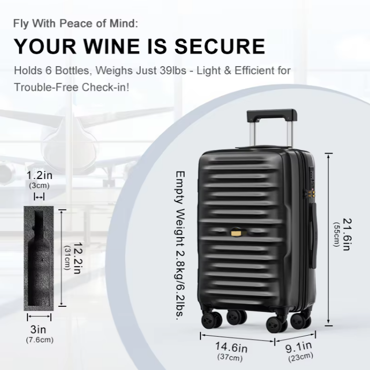 12 Bottles Wine Carry on Luggage Travel Suitcase PC Hard Shell With TSA Lock 