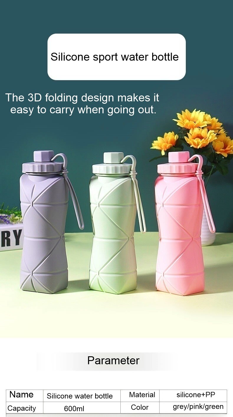 Wholesale Food-grade travel silicone collapsible water bottle 600ml