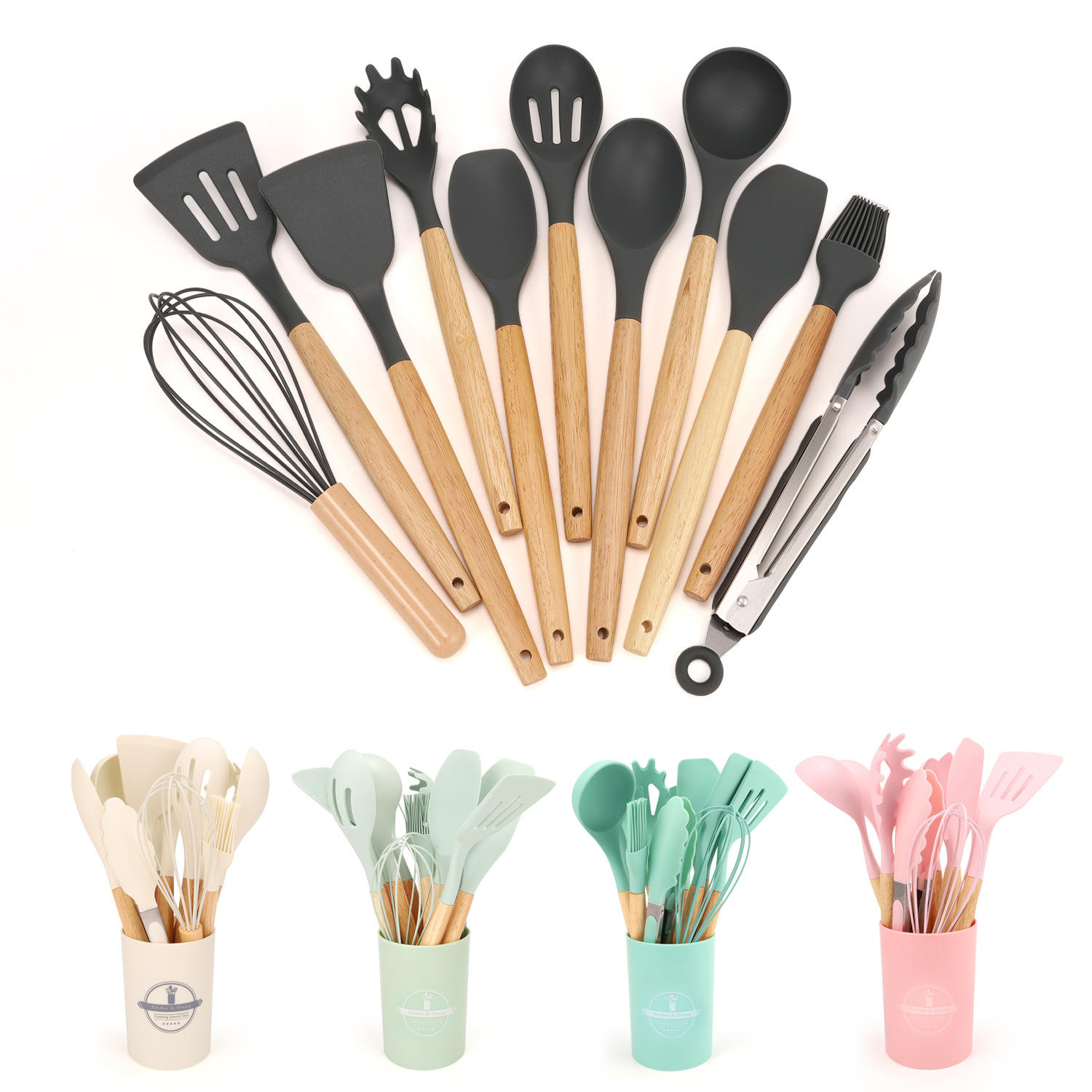 Wholesale 12-piece silicone non-stick kitchen utensil set with wooden handle