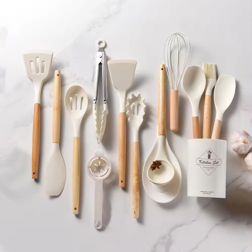 Wholesale 12-piece silicone non-stick kitchen utensil set with wooden handle Wholesale 12-piece silicone non-stick kitchen utensil set with wooden handle
