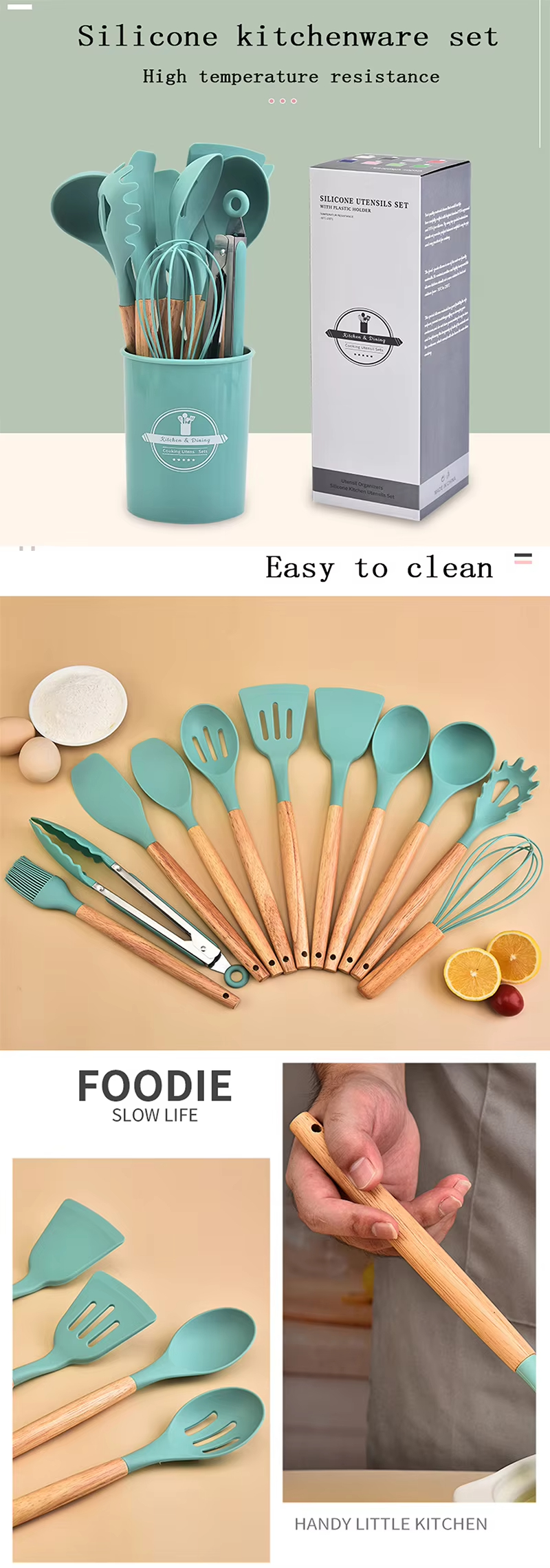 Wholesale 12-piece silicone non-stick kitchen utensil set with wooden handle Wholesale 12-piece silicone non-stick kitchen utensil set with wooden handle