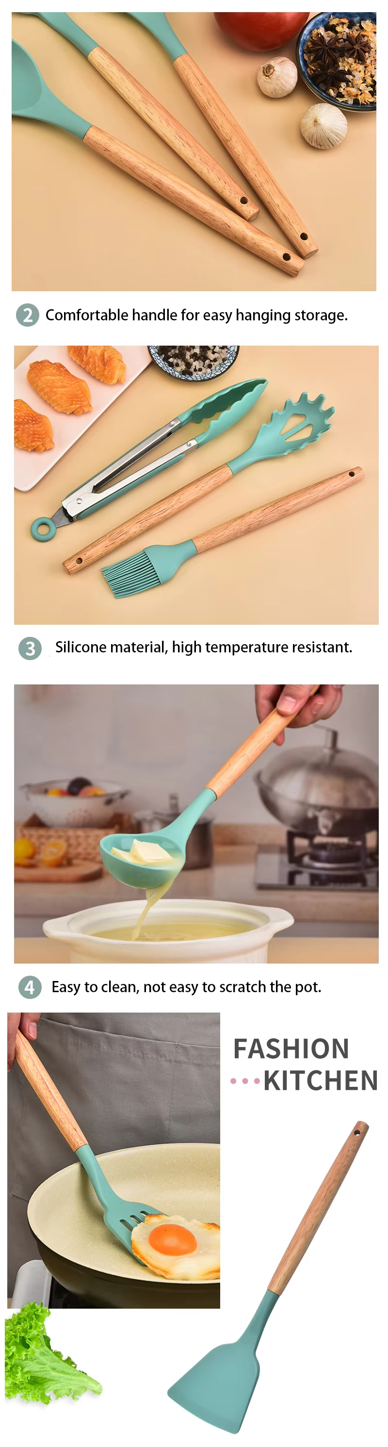 Wholesale 12-piece silicone non-stick kitchen utensil set with wooden handle Wholesale 12-piece silicone non-stick kitchen utensil set with wooden handle