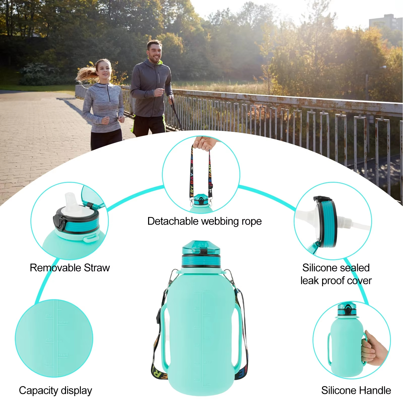 2L Collapsible Sport Water Bottle BPA-Free Silicone with Strap Handle and Foldable Design Custom