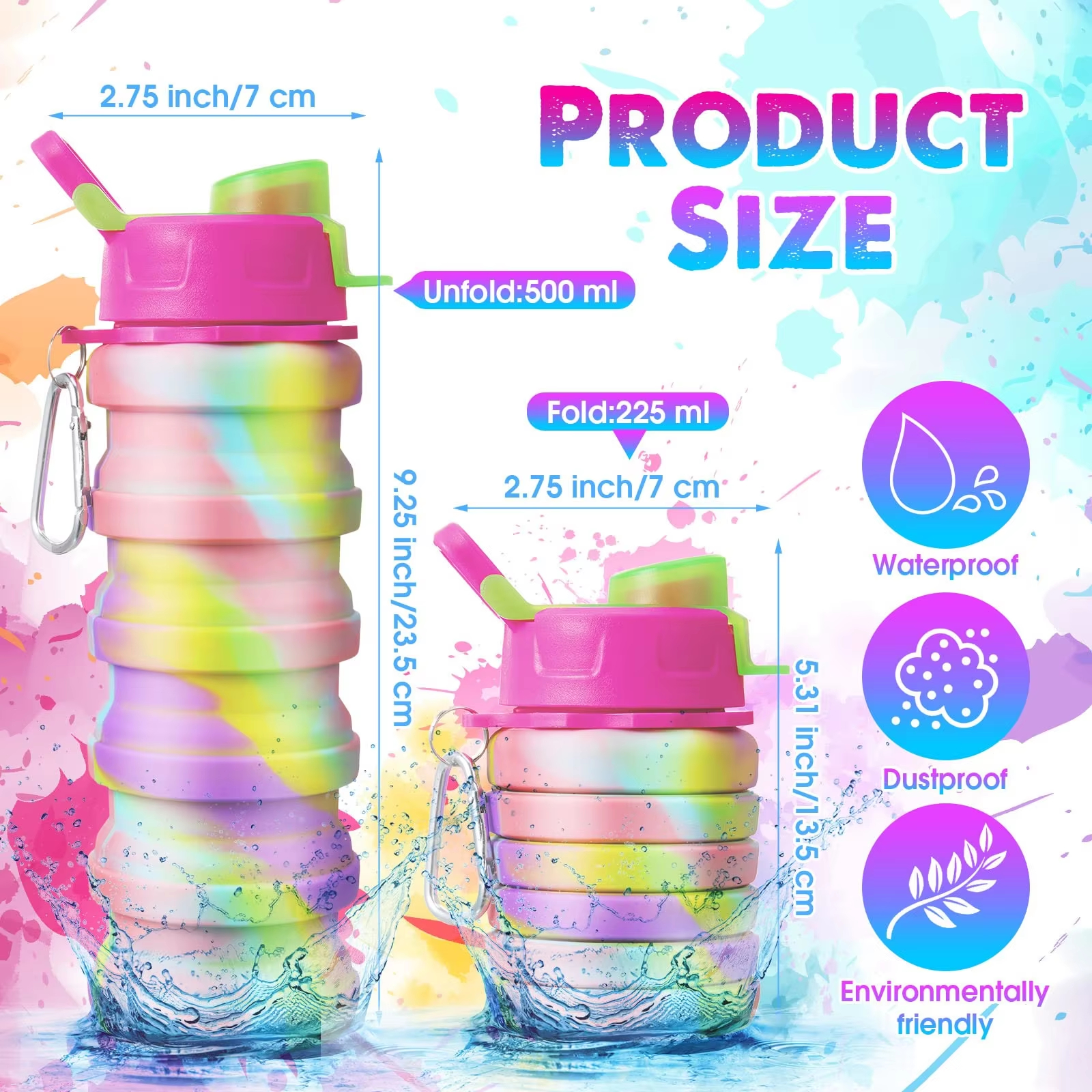 Collapsible Travel Portable Hiking Water Bottle with Leak Proof Twist Lid 500ML Custom