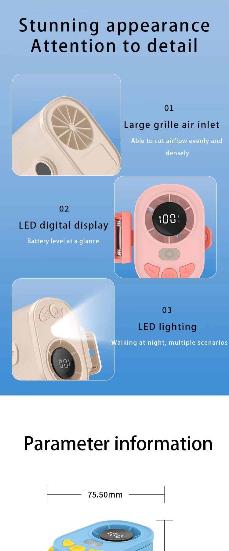 JC Mini Fans- Portable Waist Fan Rechargeable Cooling Umbrella MIni Clip Fan Supplier