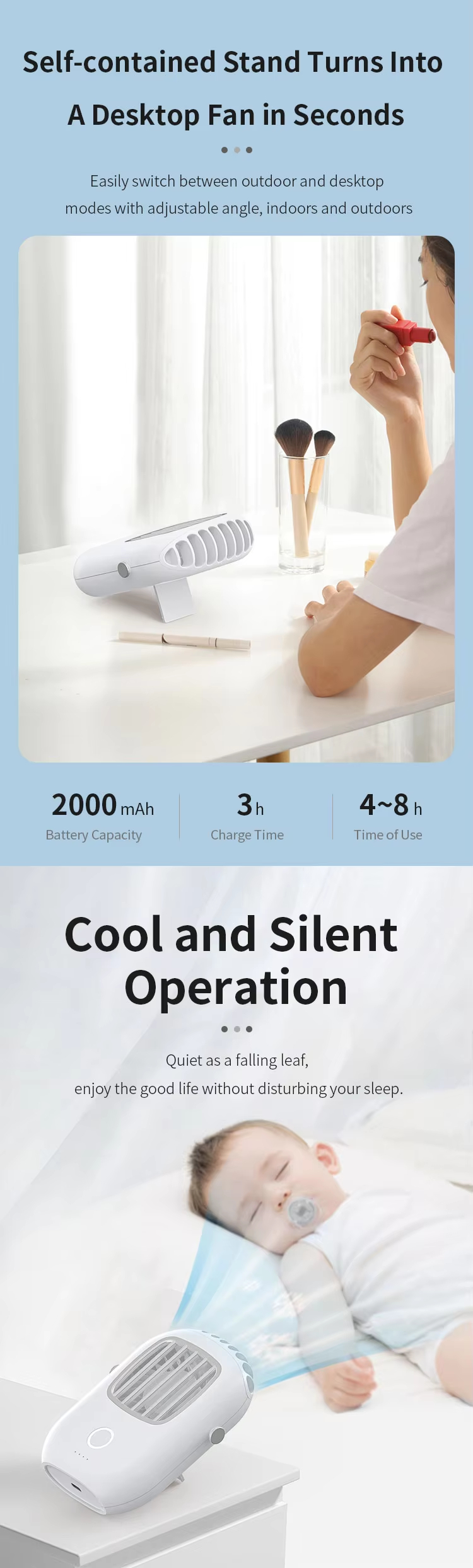 Custom Logo Outdoor 2000mah Battery Operated Air Conditioner Electric Rechargeable Hanging Mini Fan