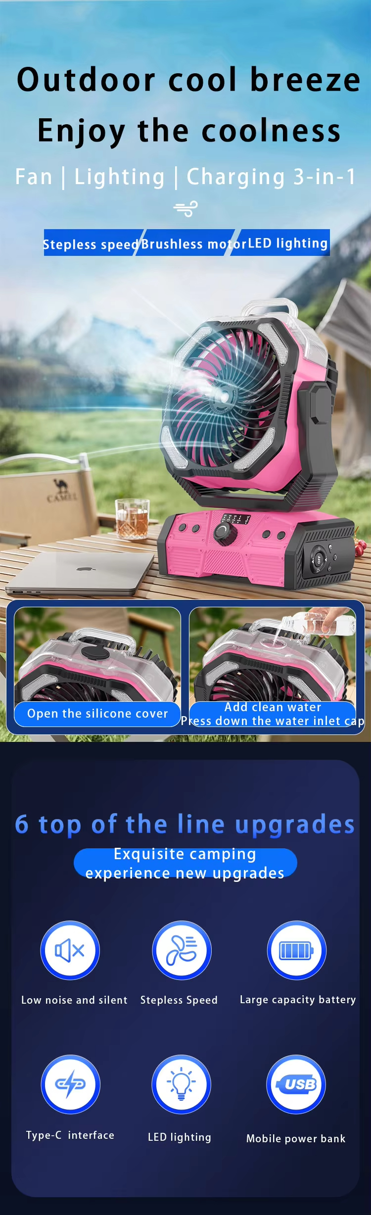 Double Motor Outdoor Mist Fan Portable 20000mAh Rechargeable Remote Control Desk Fan with Box