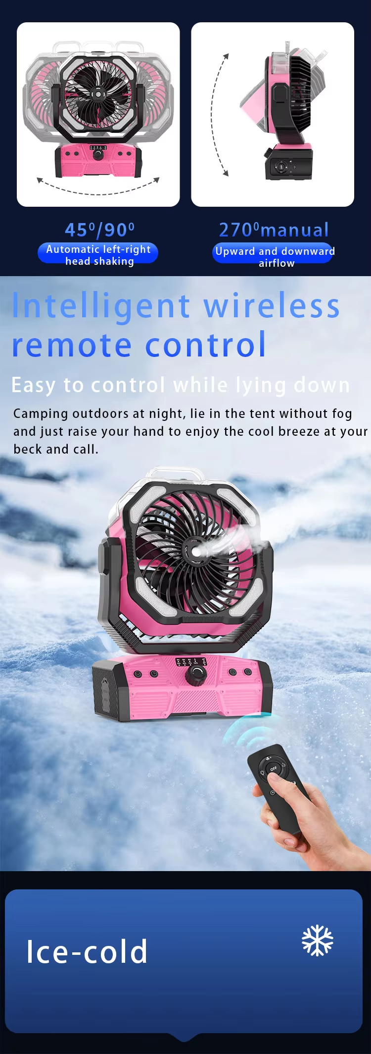 Double Motor Outdoor Mist Fan Portable 20000mAh Rechargeable Remote Control Desk Fan with Box