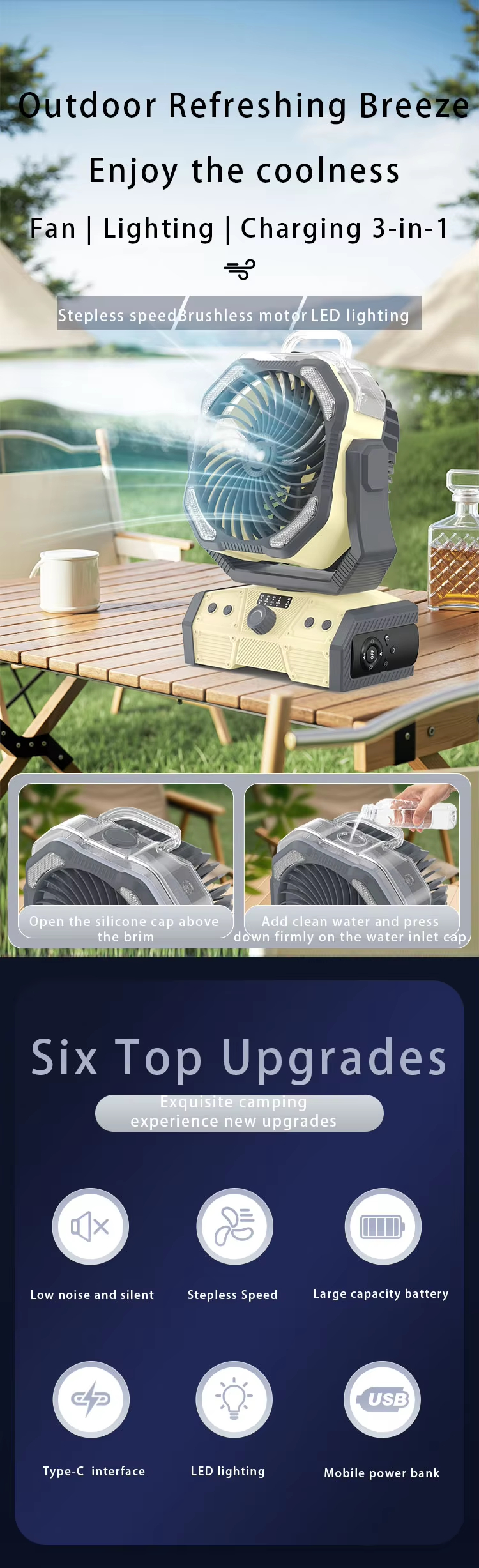 Misting Outdoor Fan 30000mAh Battery Power Bank Table Fan USB Rechargeable Portable Fan With Light