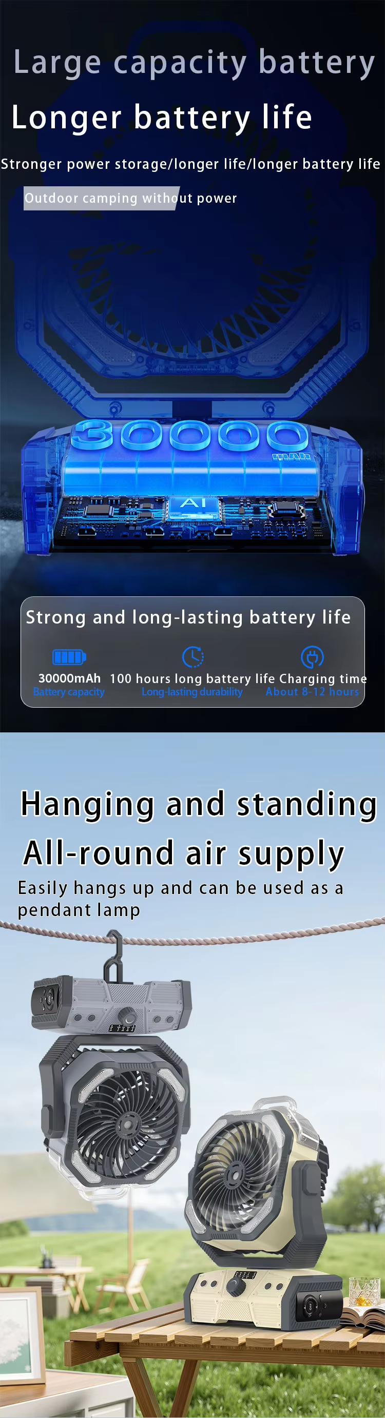 Misting Outdoor Fan 30000mAh Battery Power Bank Table Fan USB Rechargeable Portable Fan With Light