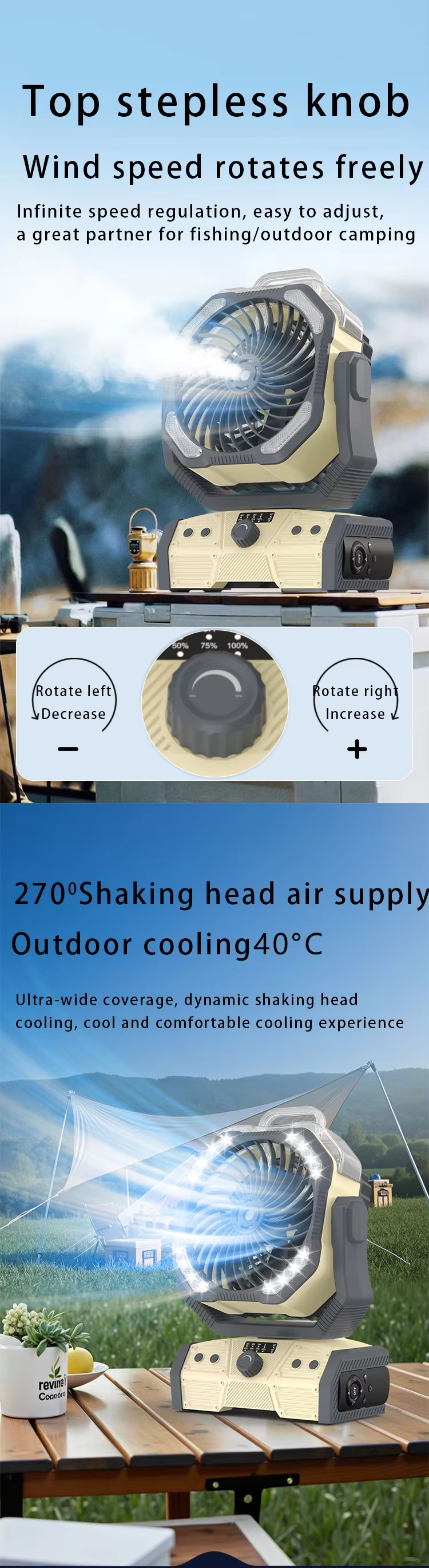 Misting Outdoor Fan 30000mAh Battery Power Bank Table Fan USB Rechargeable Portable Fan With Light