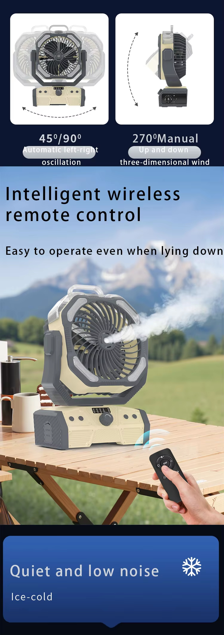 Misting Outdoor Fan 30000mAh Battery Power Bank Table Fan USB Rechargeable Portable Fan With Light