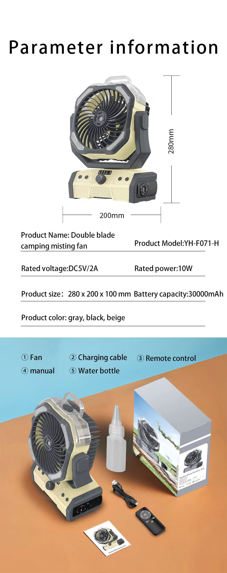 Misting Outdoor Fan 30000mAh Battery Power Bank Table Fan USB Rechargeable Portable Fan With Light