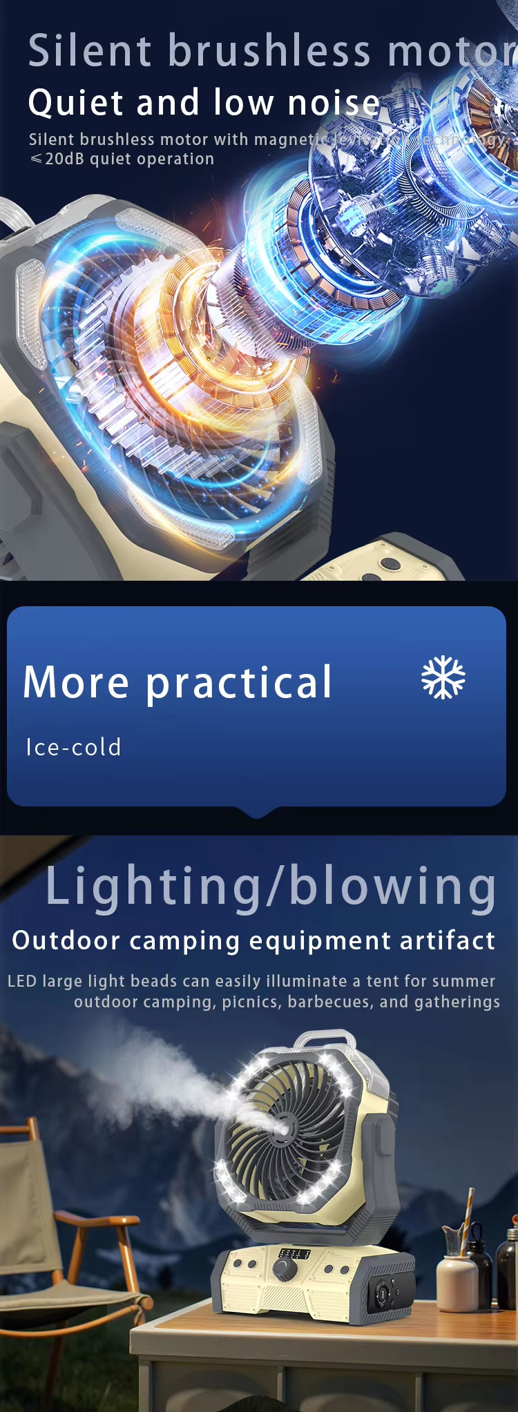 Misting Outdoor Fan 30000mAh Battery Power Bank Table Fan USB Rechargeable Portable Fan With Light