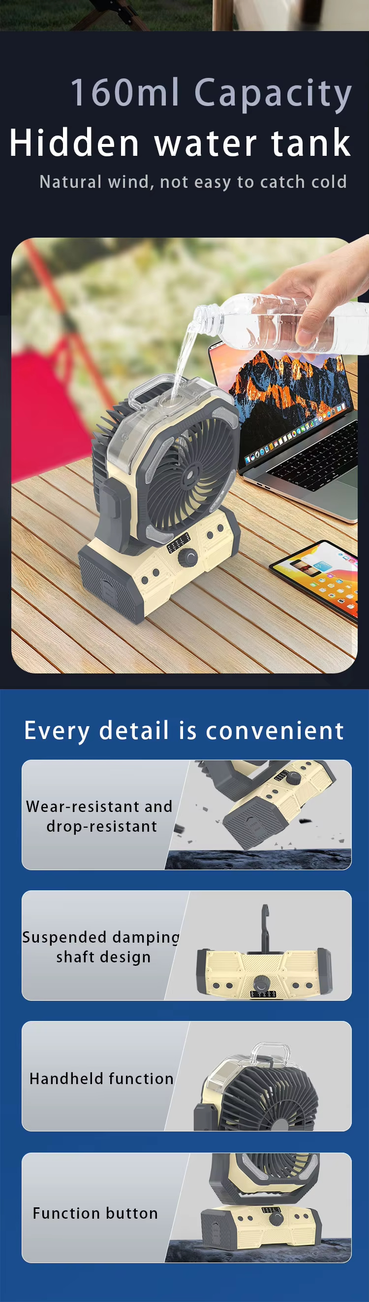 Misting Outdoor Fan 30000mAh Battery Power Bank Table Fan USB Rechargeable Portable Fan With Light