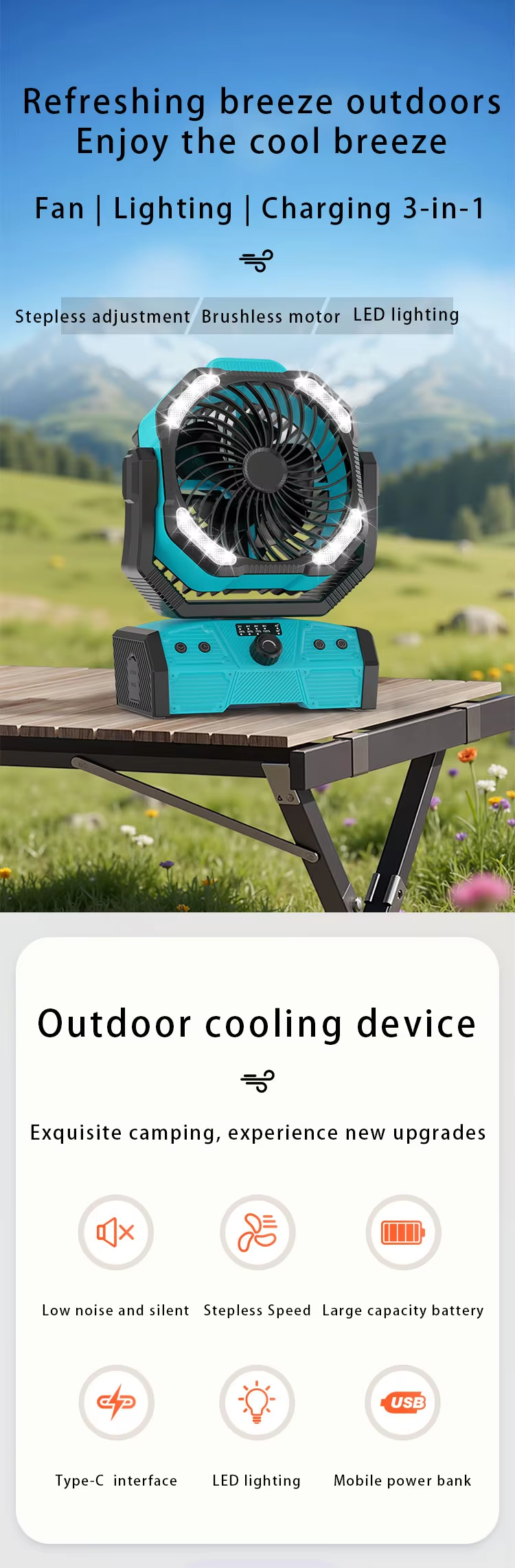 Outdoor Fishing Fan 20000mAh Lithium Battery Rechargeable USB Power Bank LED Brushless Motor Fan