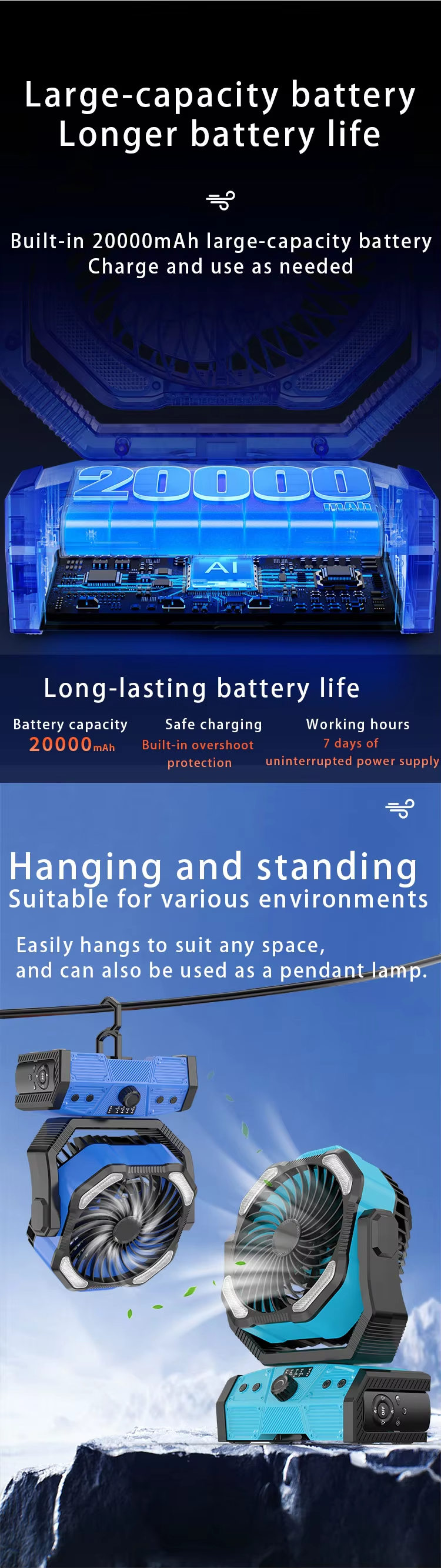 Outdoor Fishing Fan 20000mAh Lithium Battery Rechargeable USB Power Bank LED Brushless Motor Fan