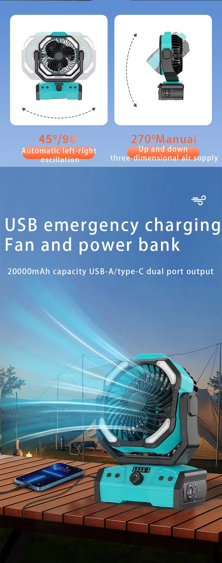 Outdoor Fishing Fan 20000mAh Lithium Battery Rechargeable USB Power Bank LED Brushless Motor Fan