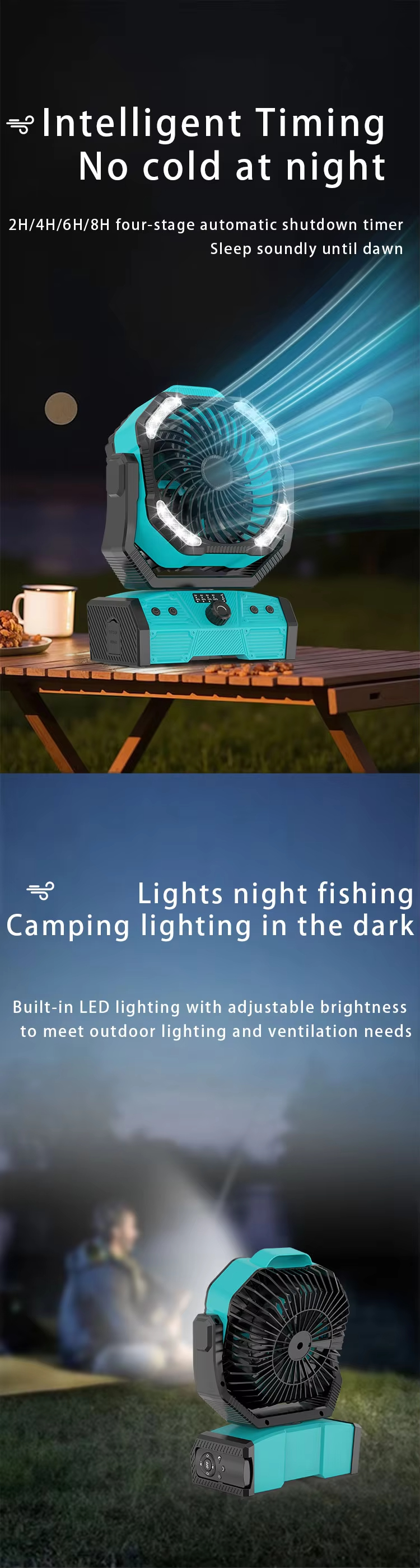 Outdoor Fishing Fan 20000mAh Lithium Battery Rechargeable USB Power Bank LED Brushless Motor Fan
