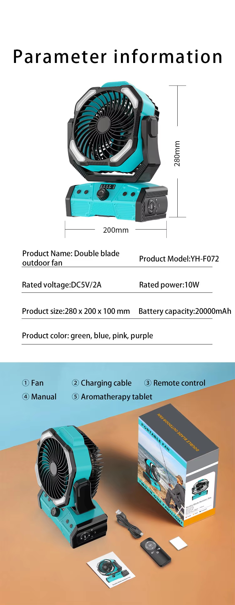 Outdoor Fishing Fan 20000mAh Lithium Battery Rechargeable USB Power Bank LED Brushless Motor Fan
