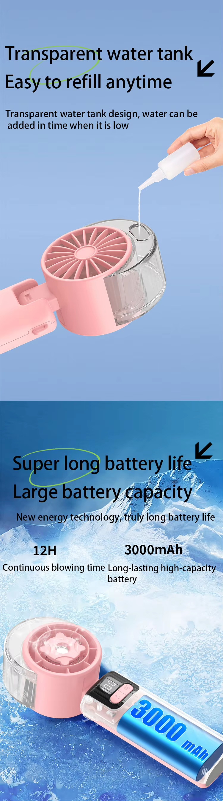 JC Mini Fans- Foldable Mini Rechargeable Misting Fan with LED Display