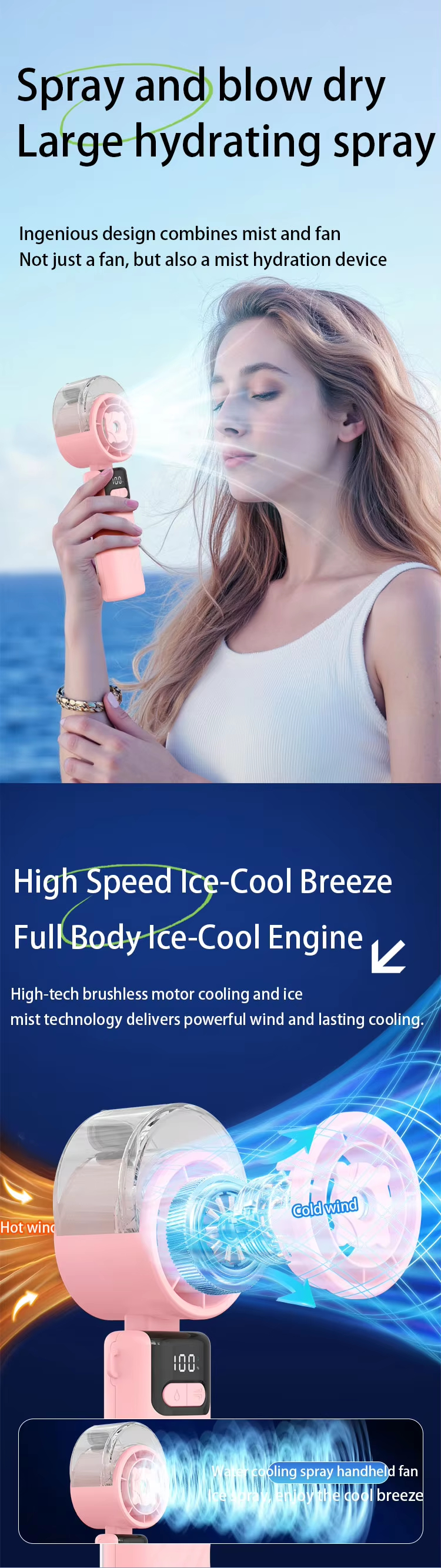 JC Mini Fans- Foldable Mini Rechargeable Misting Fan with LED Display