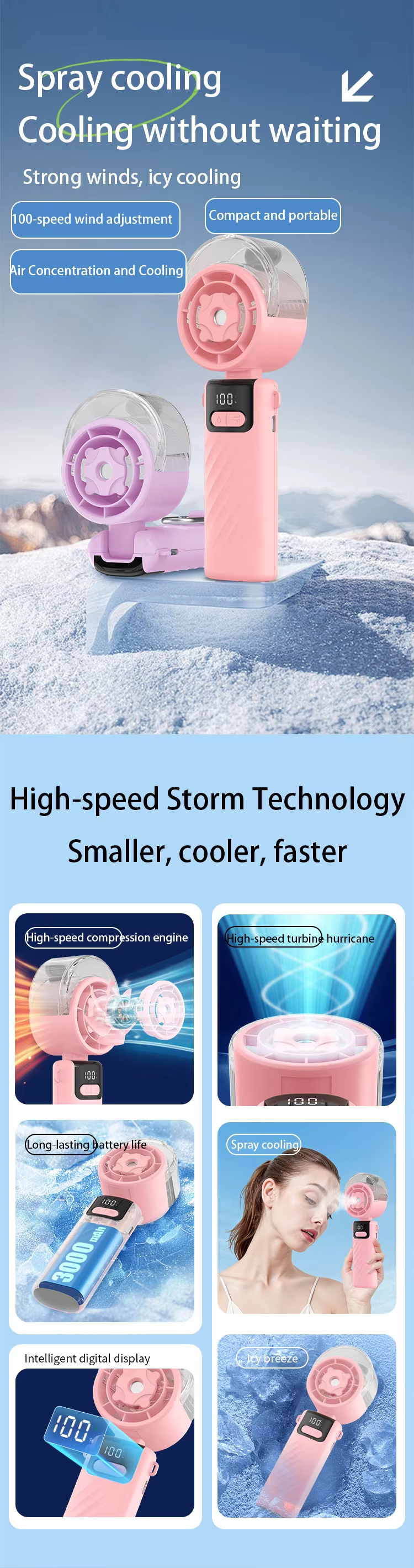 JC Mini Fans- Foldable Mini Rechargeable Misting Fan with LED Display