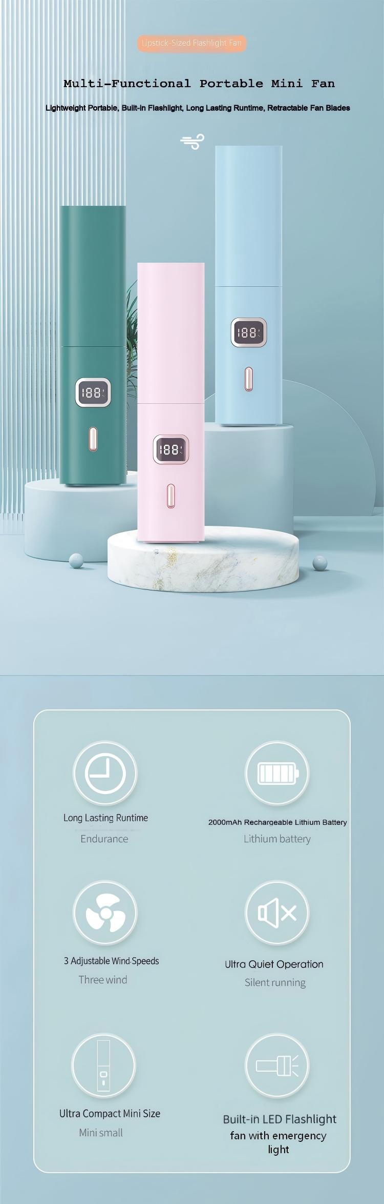 New Lipstick Mini Fan, 2000mAh Quiet Pocket Fan with Flashlight & Power Bank YH-F027 New Lipstick Mini Fan, 2000mAh Quiet Pocket Fan with Flashlight & Power Bank YH-F027