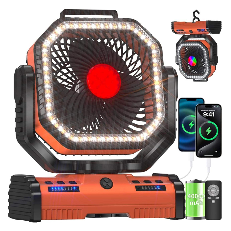 OEM 40000mAh 12 Inch Camping Fan Export Customized LED Light for Outdoor Tent and Beach