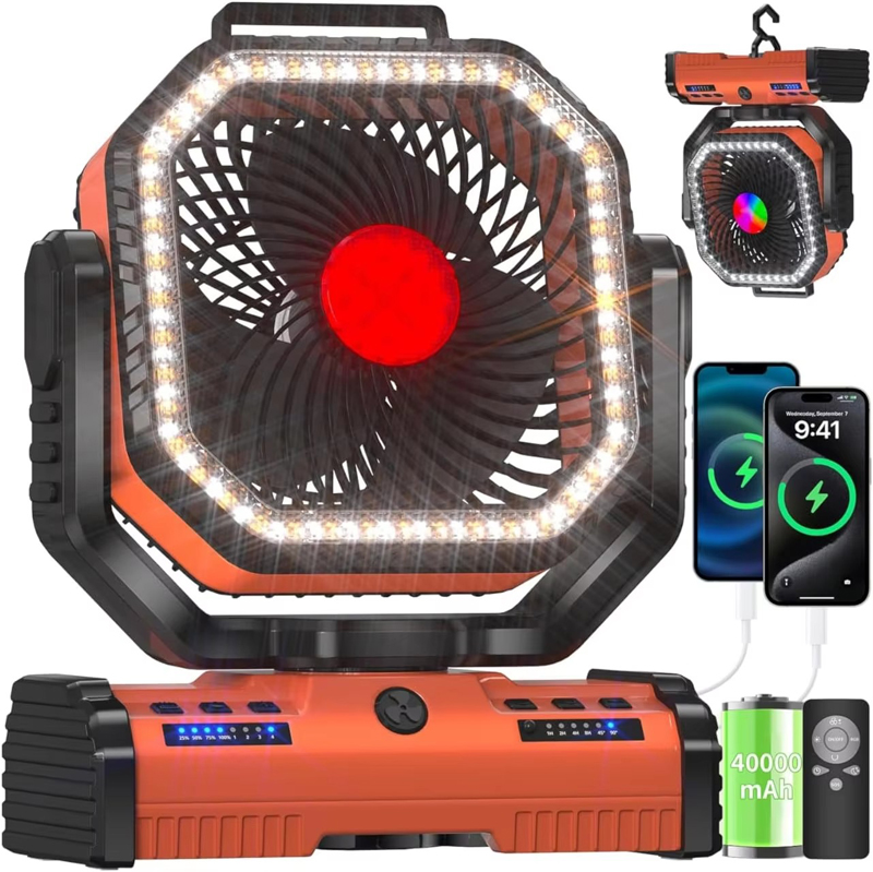OEM 40000mAh 12 Inch Camping Fan Export Customized LED Light for Outdoor Tent and Beach