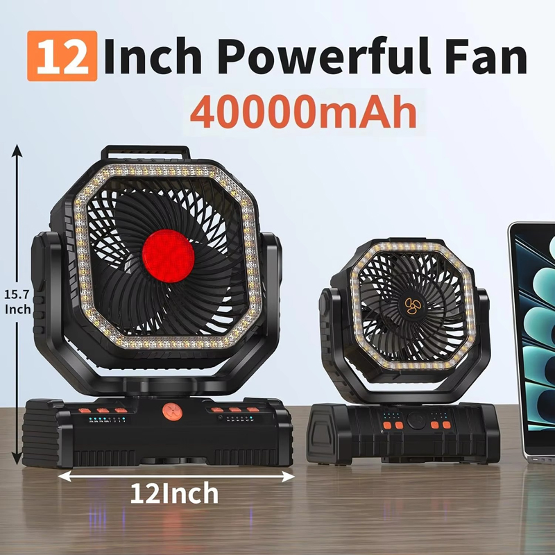 OEM 40000mAh 12 Inch Camping Fan Export Customized LED Light for Outdoor Tent and Beach