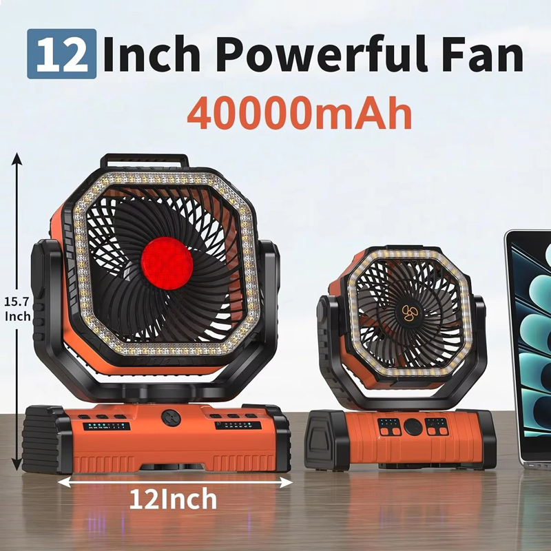 OEM 40000mAh 12 Inch Camping Fan Export Customized LED Light for Outdoor Tent and Beach