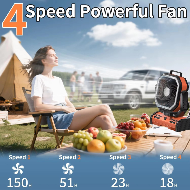 OEM 40000mAh 12 Inch Camping Fan Export Customized LED Light for Outdoor Tent and Beach