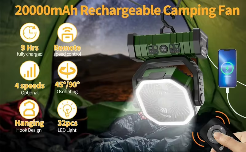 20000mAh Camping Fan Supplier OEM LED Light Remote Control for Outdoor Tent Car and RV