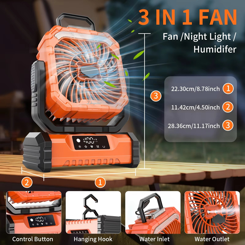 20000mAh 3 in 1 Camping Fan Humidifier Supplier OEM Night Light Remote LED Misting Outdoor Tent RV