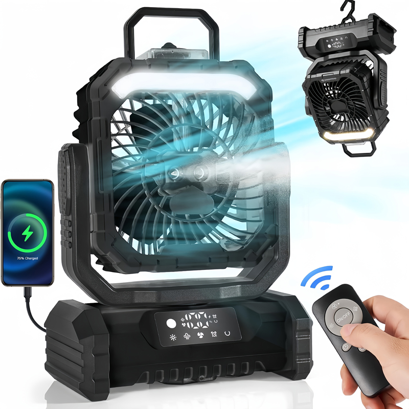 20000mAh 3 in 1 Camping Fan Humidifier Supplier OEM Night Light Remote LED Misting Outdoor Tent RV