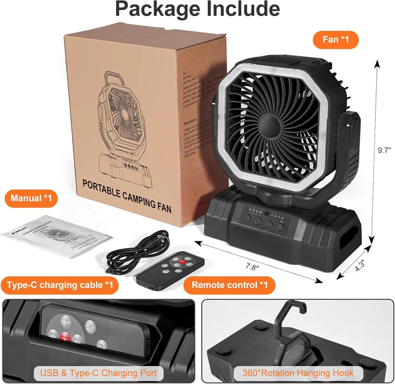 Wholesale Customized Camping Fan LED Light Remote 4 Speed 30H Battery USB Type C for Outdoor Tent RV Wholesale Customized Camping Fan LED Light Remote 4 Speed 30H Battery USB Type C for Outdoor Tent RV