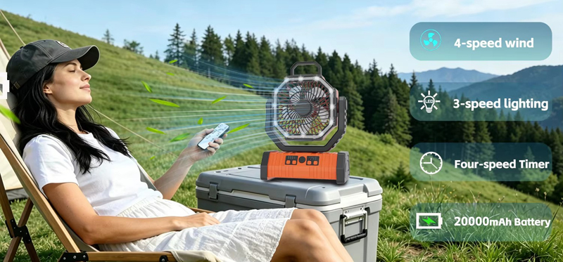 Supplier OEM Camping Fan 20000mAh LED Light Remote 4 Speed Timer 68H Runtime for Outdoor Tent RV Car
