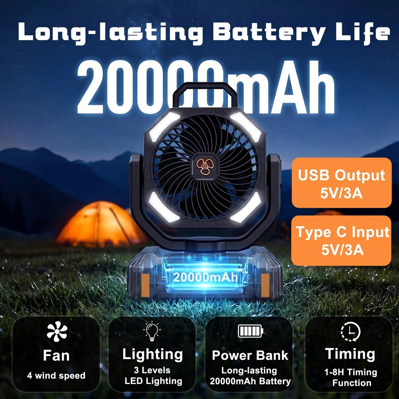 Bulk OEM Camping Fan 20000mAh LED Light Remote 4 Speed 59H Runtime for Outdoor Tent RV Car